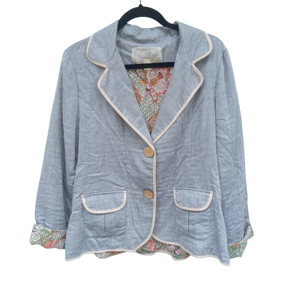 Nick & Mo Women's Light Blue Blazer Cream Trim Floral Lining Size XL - Picture 1 of 8